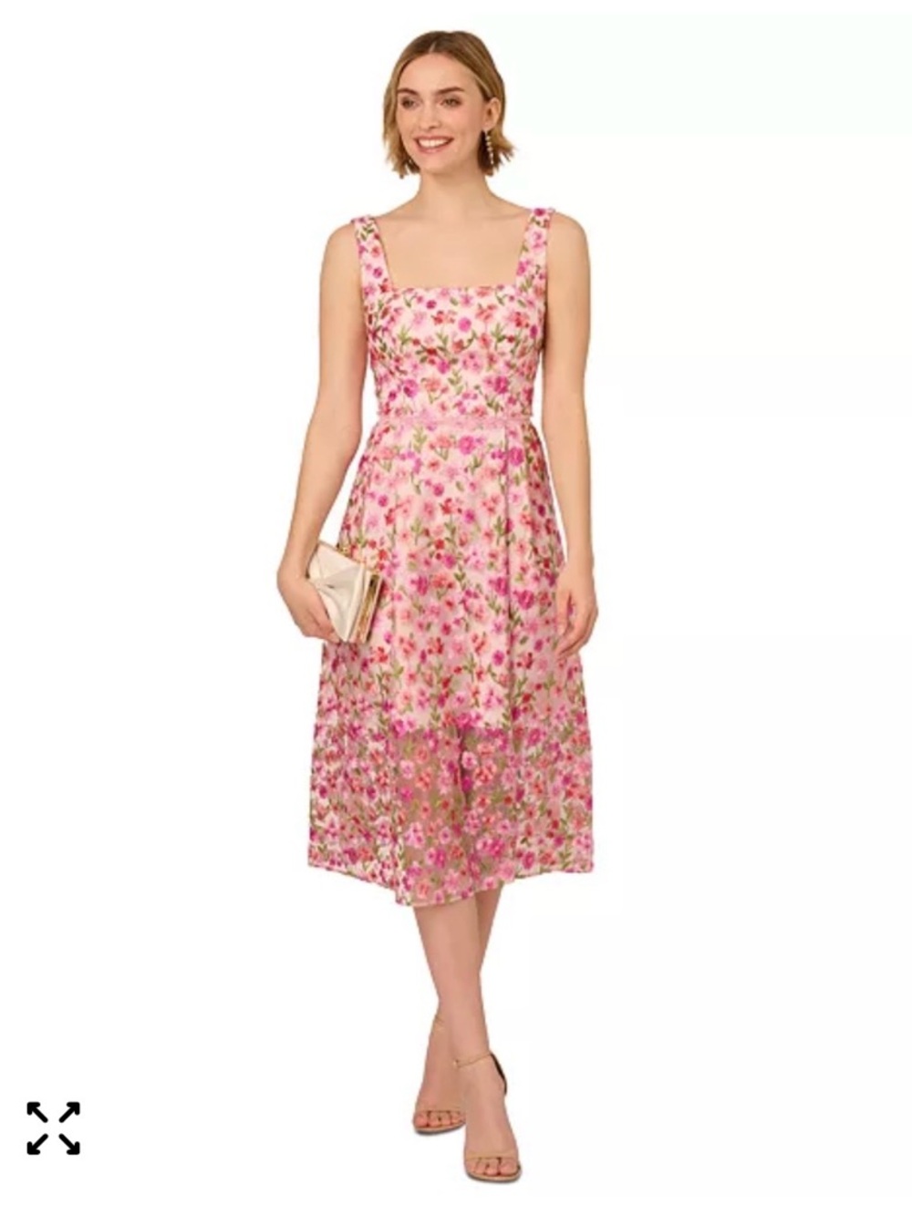 Adrianna Papell Pink Floral Square-Neck Midi Dress